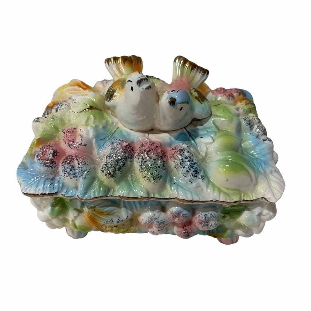 Vintage Betson Jewelry Box 1950s Japan Birds Fruit Colorful Pastel Ceramic Gold